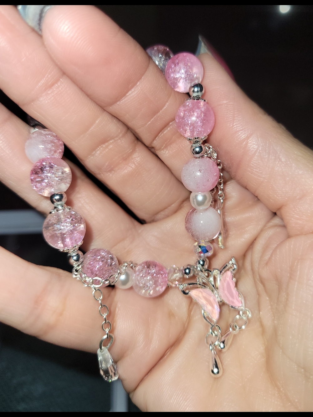 Pink Beaded Butterfly Charm Bracelet - Unbranded